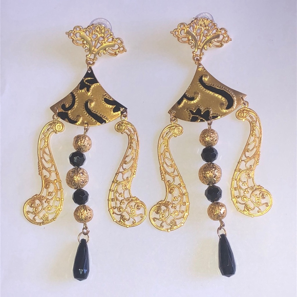 Huge Elegant Gold Tone and Black Ball Drop Dangle Retro Boho Earrings - Picture 1 of 4